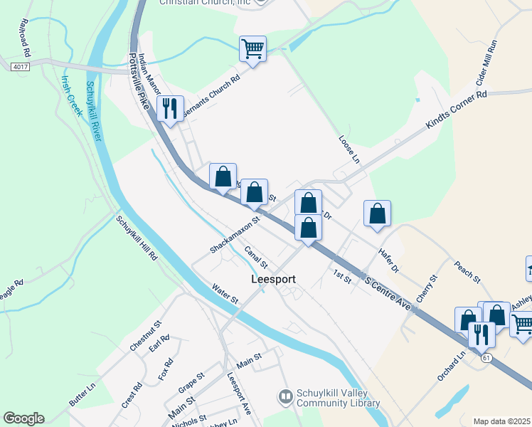 map of restaurants, bars, coffee shops, grocery stores, and more near 0 Pennsylvania 61 in Leesport