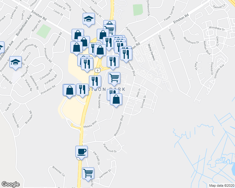 map of restaurants, bars, coffee shops, grocery stores, and more near 790 Downing Street in Old Bridge Township
