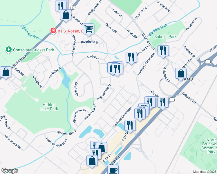 map of restaurants, bars, coffee shops, grocery stores, and more near 363 Willowbrook Drive in North Brunswick Township