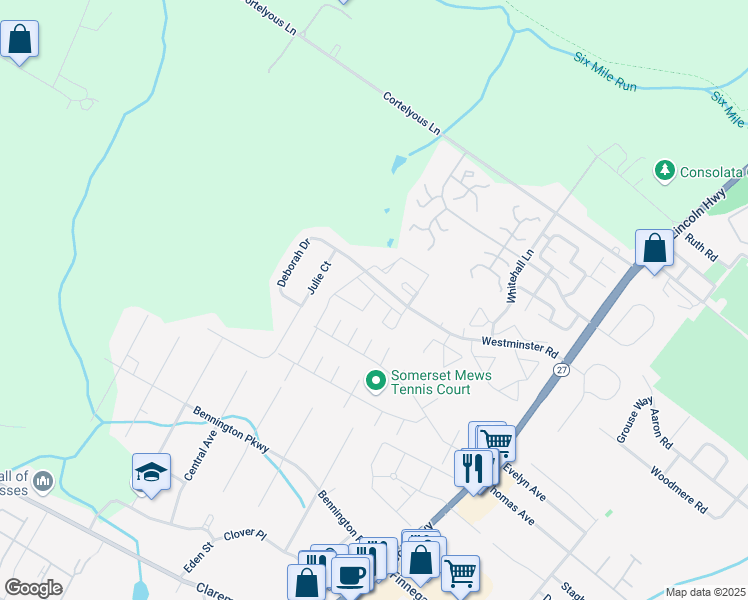 map of restaurants, bars, coffee shops, grocery stores, and more near 15 Mindy Drive in Franklin Township