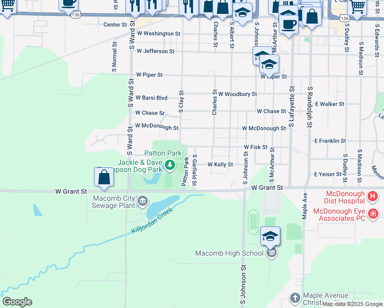 map of restaurants, bars, coffee shops, grocery stores, and more near 810 South Garfield Street in Macomb