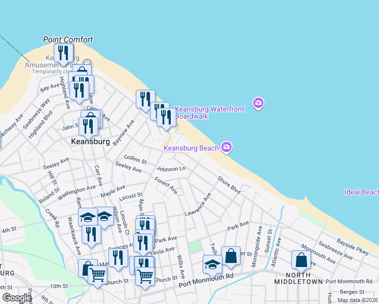 map of restaurants, bars, coffee shops, grocery stores, and more near R0AD Avenue A in Keansburg
