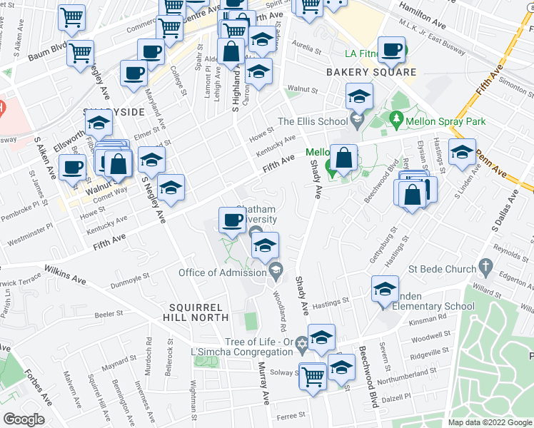 map of restaurants, bars, coffee shops, grocery stores, and more near 79 Woodland Road in Pittsburgh
