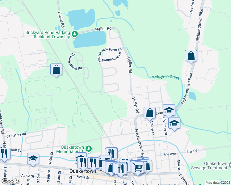 map of restaurants, bars, coffee shops, grocery stores, and more near 1160 Schoolhouse Lane in Quakertown