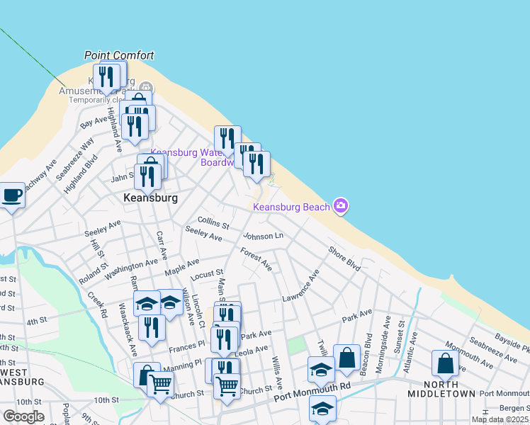 map of restaurants, bars, coffee shops, grocery stores, and more near Shore Boulevard & Seaside Place in Keansburg