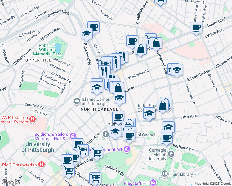 map of restaurants, bars, coffee shops, grocery stores, and more near 4603 Bayard Street in Pittsburgh