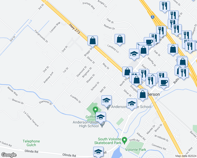 map of restaurants, bars, coffee shops, grocery stores, and more near 1765 Shasta Street in Anderson
