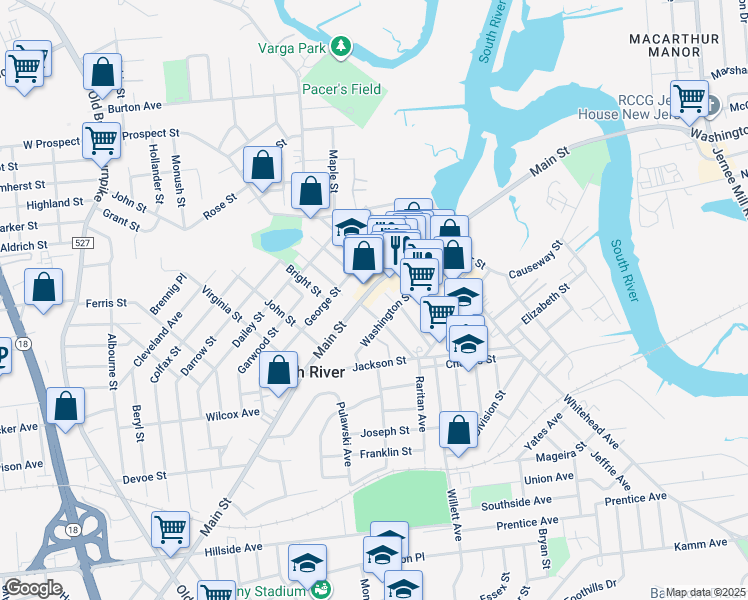 map of restaurants, bars, coffee shops, grocery stores, and more near 68 Main Street in South River