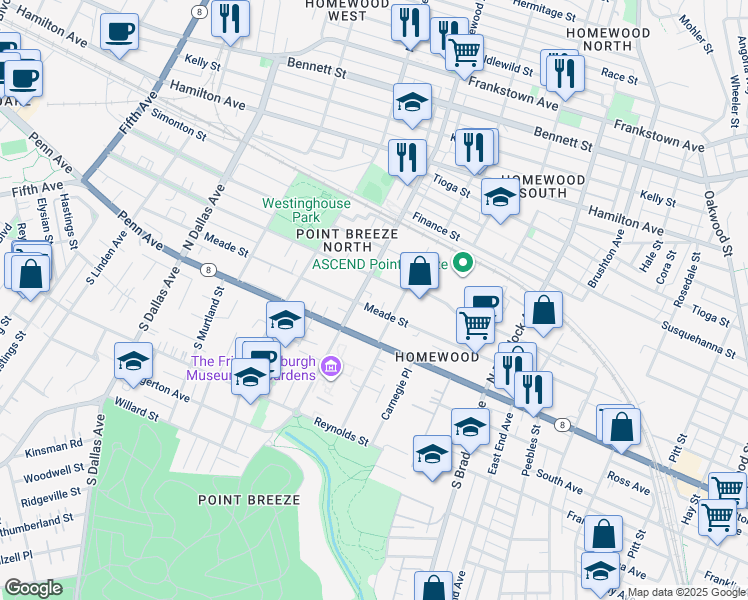 map of restaurants, bars, coffee shops, grocery stores, and more near 219 North Homewood Avenue in Pittsburgh