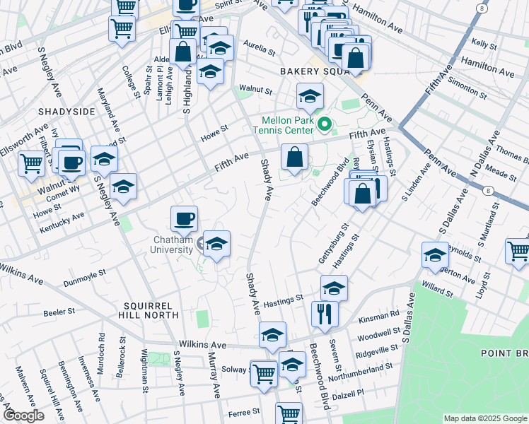 map of restaurants, bars, coffee shops, grocery stores, and more near 1085 Shady Avenue in Pittsburgh