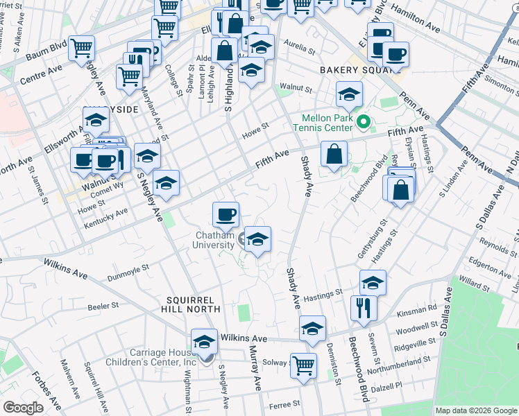 map of restaurants, bars, coffee shops, grocery stores, and more near 79 Woodland Road in Pittsburgh