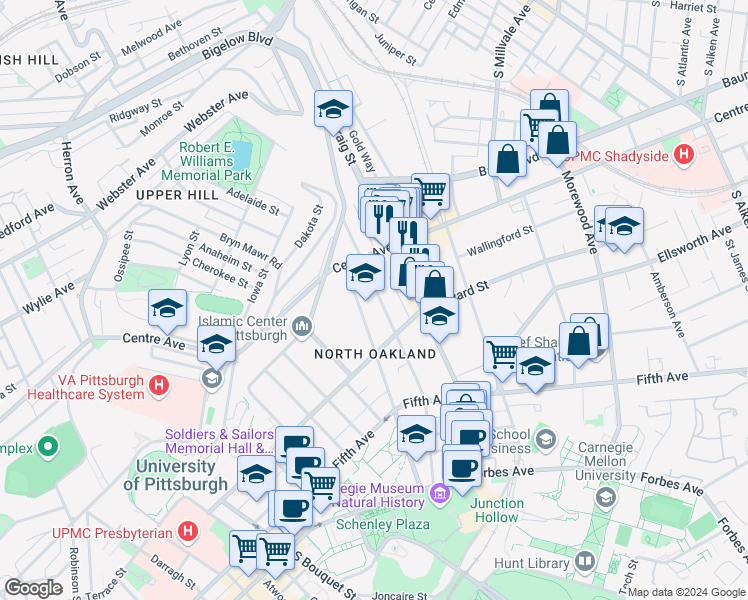 map of restaurants, bars, coffee shops, grocery stores, and more near 259 North Dithridge Street in Pittsburgh