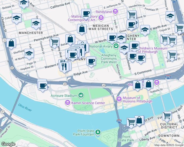 map of restaurants, bars, coffee shops, grocery stores, and more near 826 Ridge Avenue in Pittsburgh