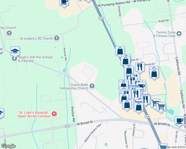 map of restaurants, bars, coffee shops, grocery stores, and more near 1076 Kile Circle in Quakertown