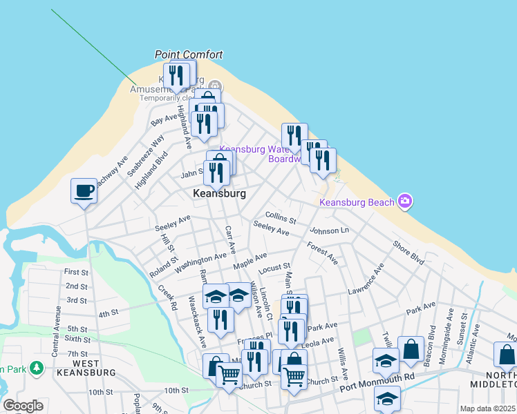 map of restaurants, bars, coffee shops, grocery stores, and more near 61 Pine View Avenue in Keansburg