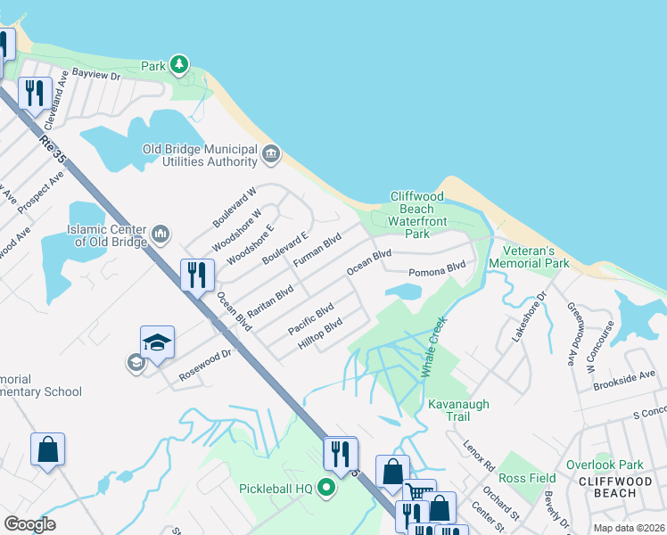 map of restaurants, bars, coffee shops, grocery stores, and more near 256 Raritan Boulevard in Keyport