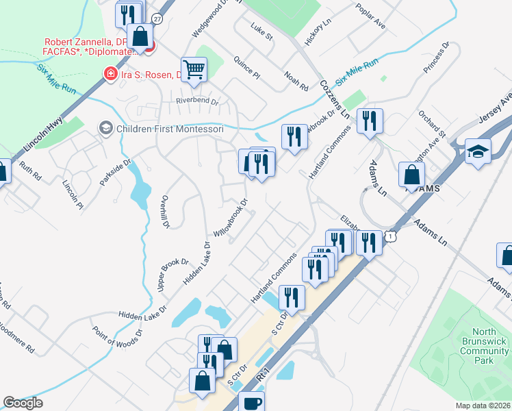 map of restaurants, bars, coffee shops, grocery stores, and more near 4-08 Towne Center Drive in North Brunswick Township