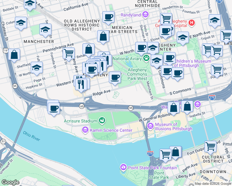 map of restaurants, bars, coffee shops, grocery stores, and more near 807 Ridge Avenue in Pittsburgh