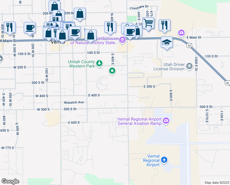 map of restaurants, bars, coffee shops, grocery stores, and more near 409 East 400 South in Vernal