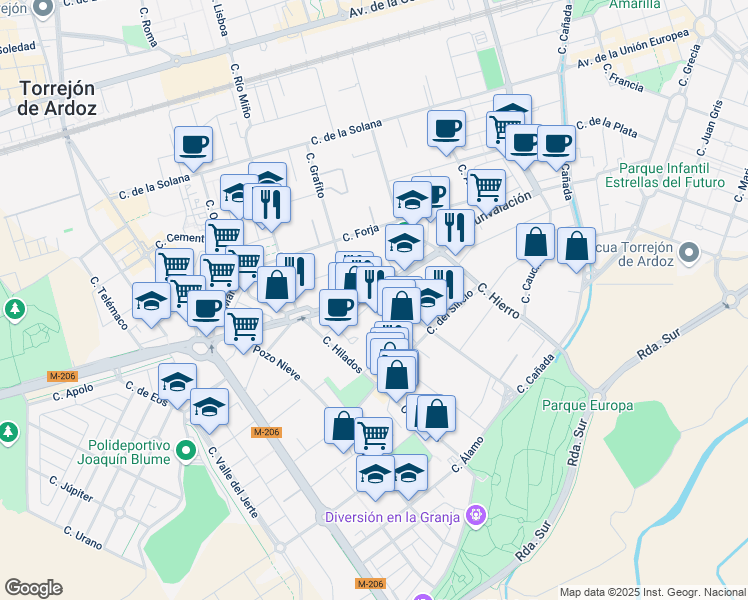 map of restaurants, bars, coffee shops, grocery stores, and more near 28 Calle Circunvalación in Torrejón de Ardoz