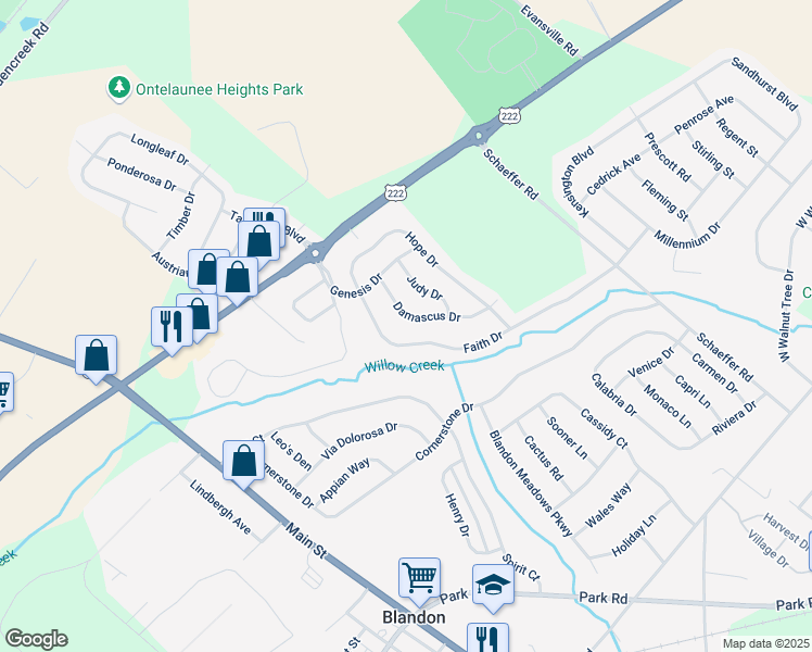 map of restaurants, bars, coffee shops, grocery stores, and more near 105 Damascus Drive in Blandon