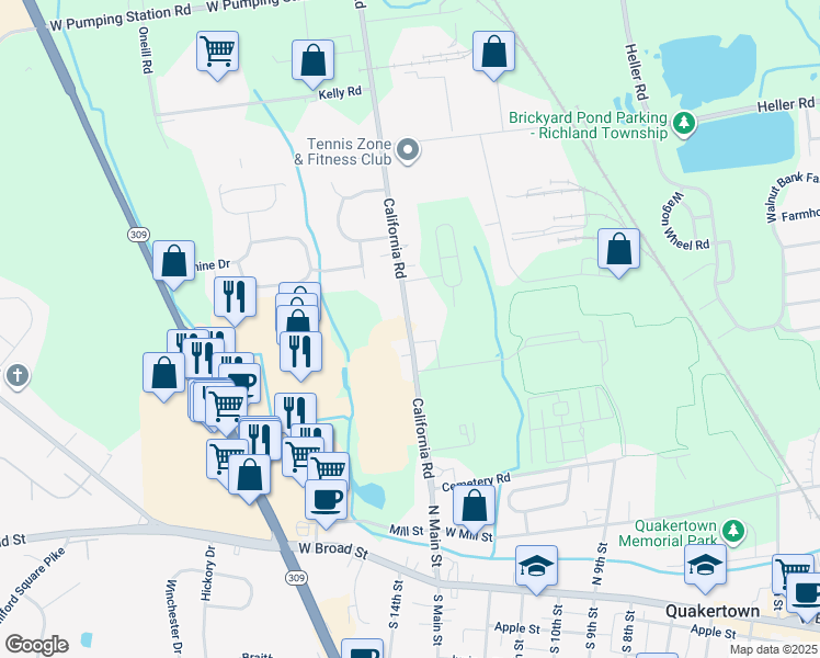 map of restaurants, bars, coffee shops, grocery stores, and more near 323 California Road in Quakertown