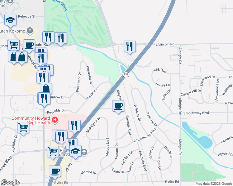 map of restaurants, bars, coffee shops, grocery stores, and more near 3005 Mayfair Drive in Kokomo