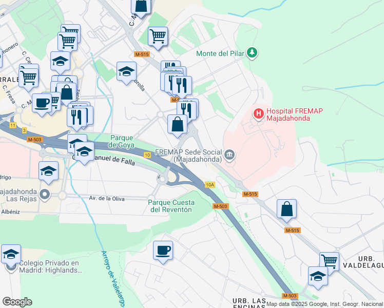 map of restaurants, bars, coffee shops, grocery stores, and more near 50 Carretera de Pozuelo in Majadahonda