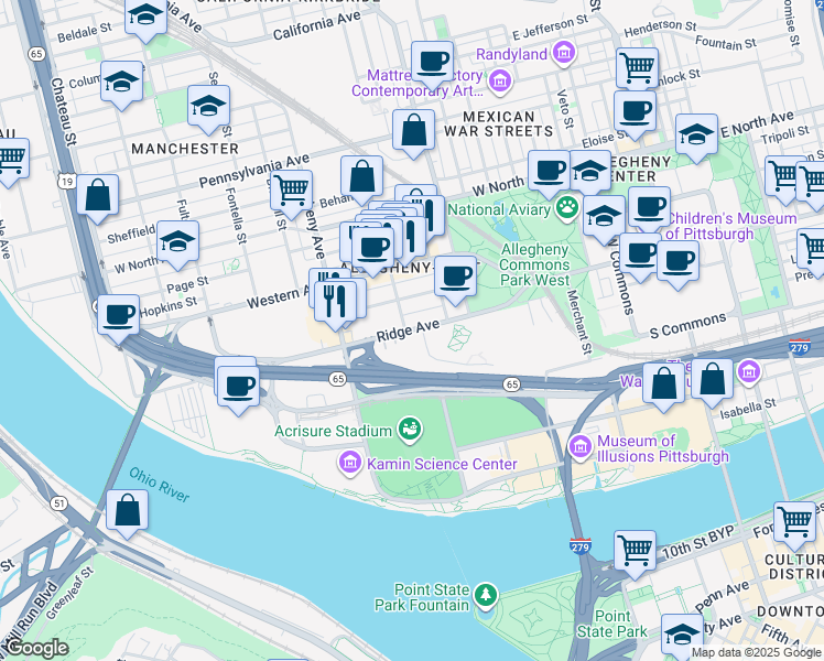 map of restaurants, bars, coffee shops, grocery stores, and more near 852 Ridge Avenue in Pittsburgh