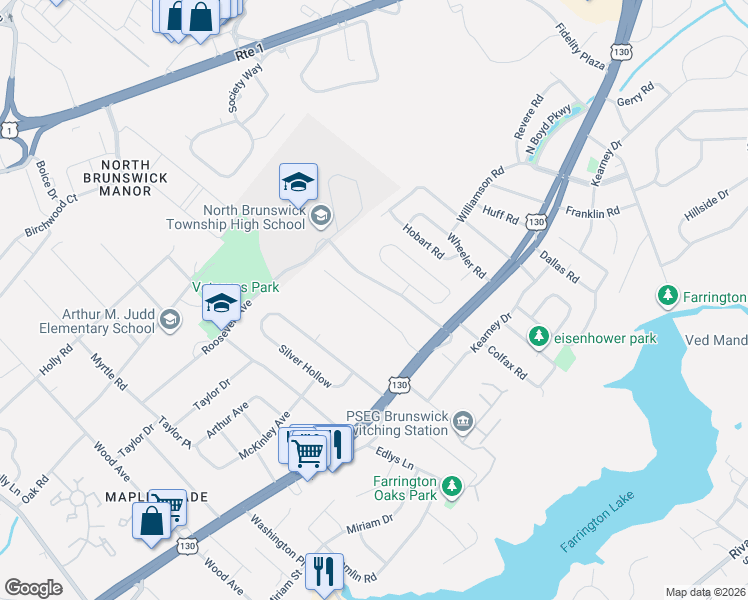 map of restaurants, bars, coffee shops, grocery stores, and more near 26 Plains Gap Road in North Brunswick Township