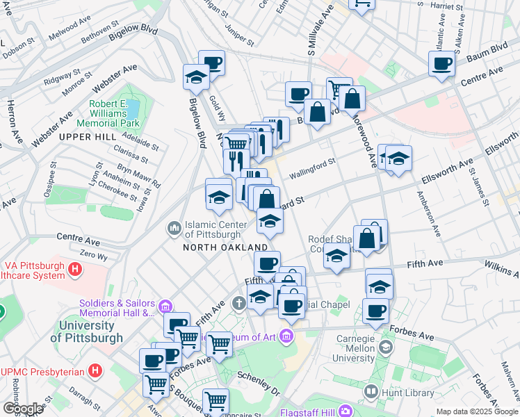 map of restaurants, bars, coffee shops, grocery stores, and more near 4601 Bayard Street in Pittsburgh