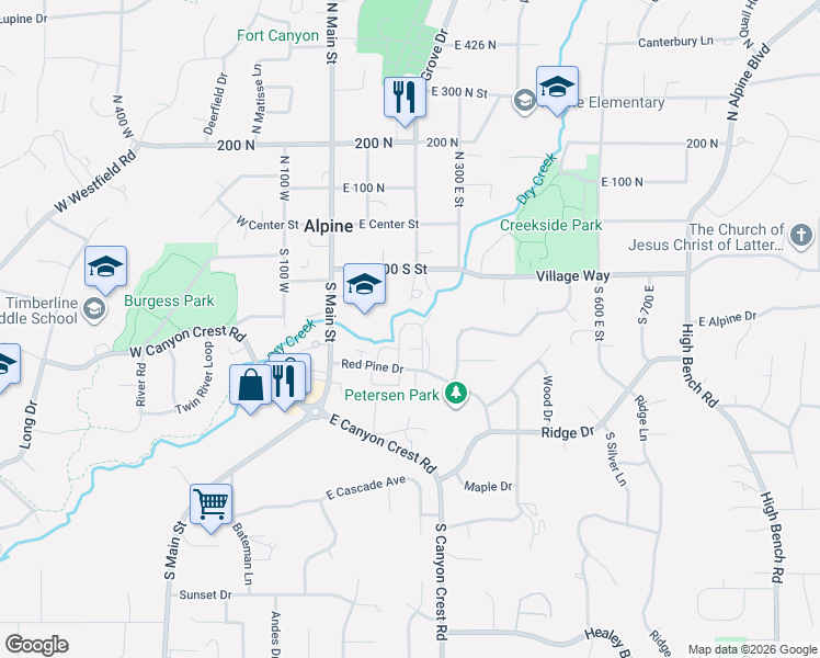 map of restaurants, bars, coffee shops, grocery stores, and more near 201 Red Pine Drive in Alpine