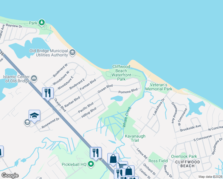 map of restaurants, bars, coffee shops, grocery stores, and more near 86 Ocean Boulevard in Keyport
