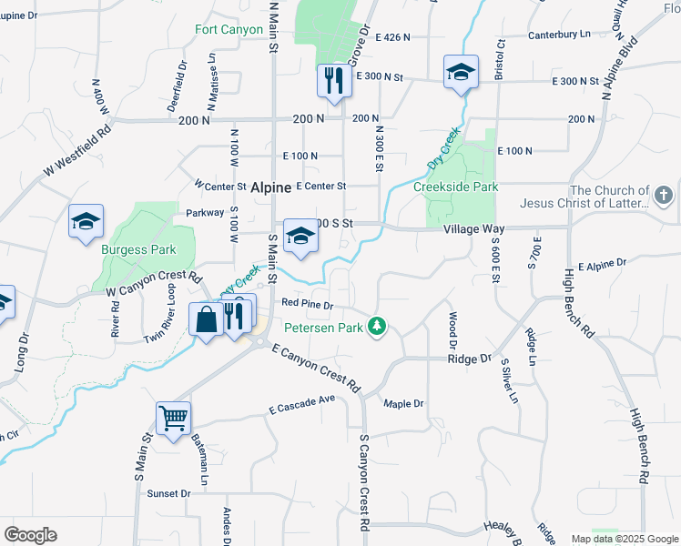 map of restaurants, bars, coffee shops, grocery stores, and more near 307 River Meadow Drive in Alpine