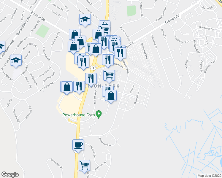 map of restaurants, bars, coffee shops, grocery stores, and more near 59 Downing Street in Old Bridge