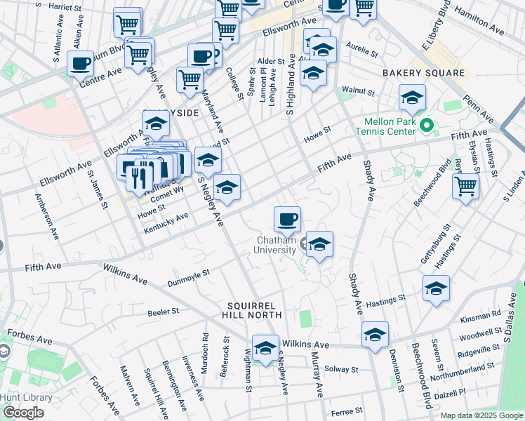 map of restaurants, bars, coffee shops, grocery stores, and more near 5780 Fifth Avenue in Pittsburgh