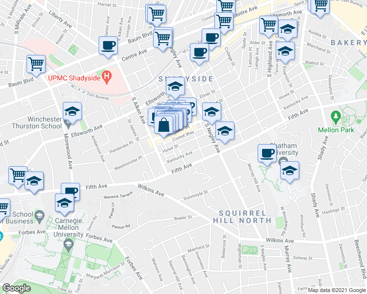 map of restaurants, bars, coffee shops, grocery stores, and more near 5518 Walnut Street in Pittsburgh