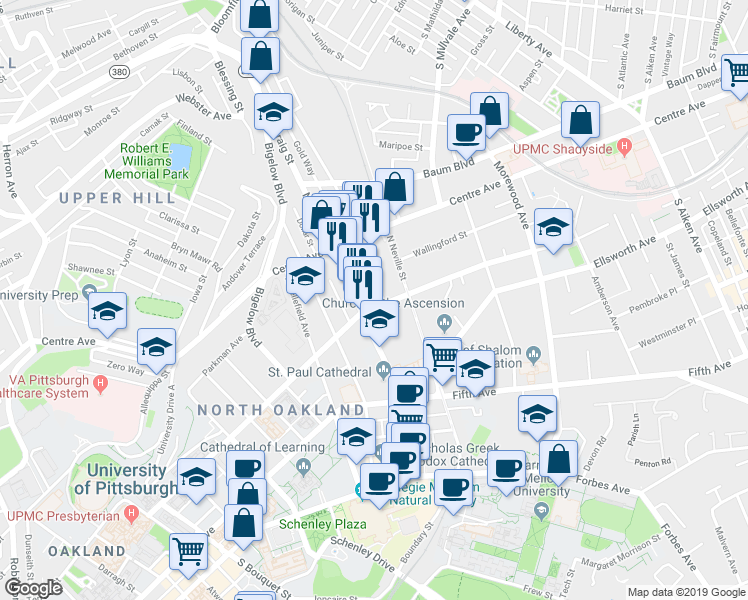 map of restaurants, bars, coffee shops, grocery stores, and more near 201-225 Melwood Avenue in Pittsburgh
