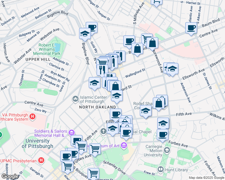 map of restaurants, bars, coffee shops, grocery stores, and more near 216 Melwood Avenue in Pittsburgh