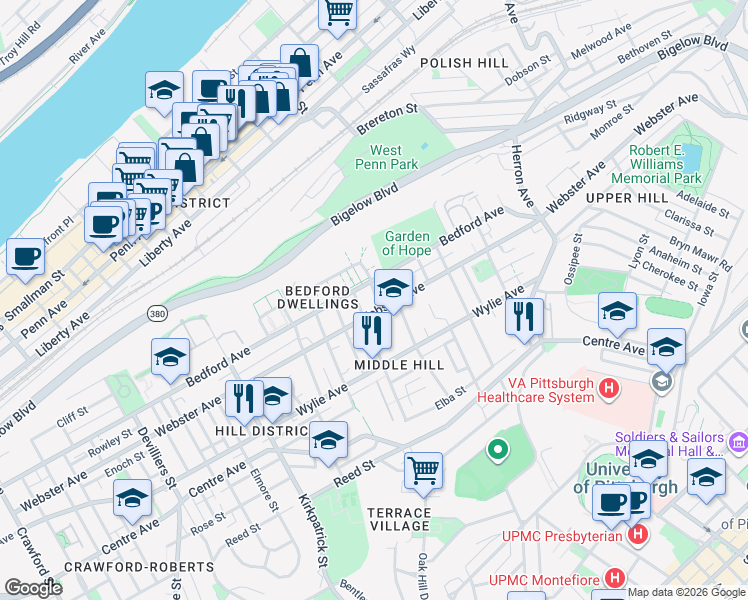 map of restaurants, bars, coffee shops, grocery stores, and more near in Pittsburgh