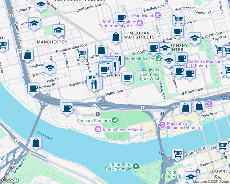 map of restaurants, bars, coffee shops, grocery stores, and more near 850 Ridge Avenue in Pittsburgh