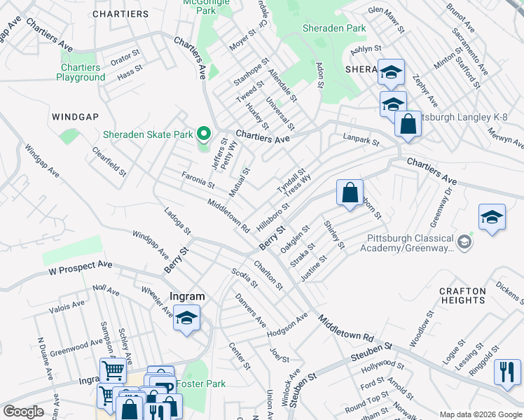 map of restaurants, bars, coffee shops, grocery stores, and more near 1403 Tyndall Street in Pittsburgh