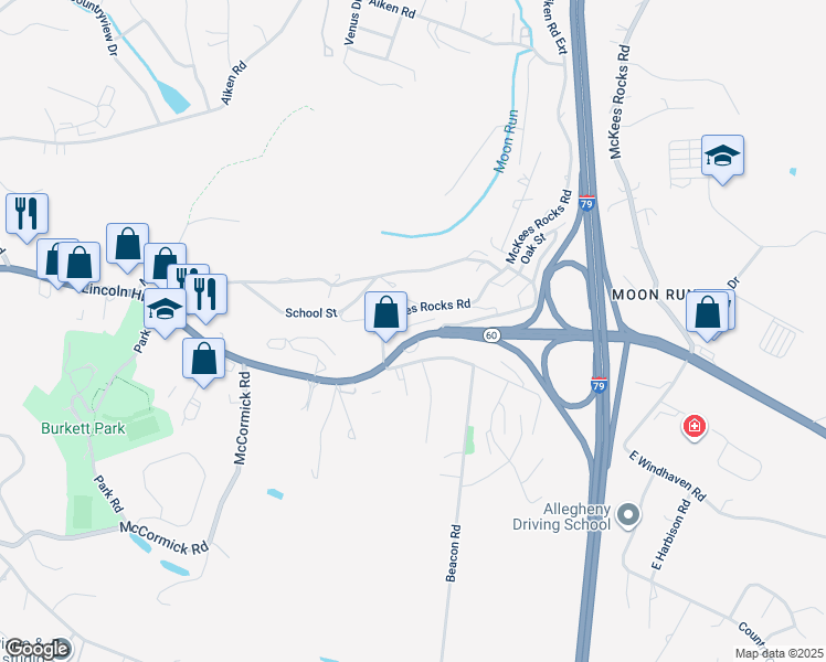 map of restaurants, bars, coffee shops, grocery stores, and more near 2323 McKees Rocks Road in McKees Rocks