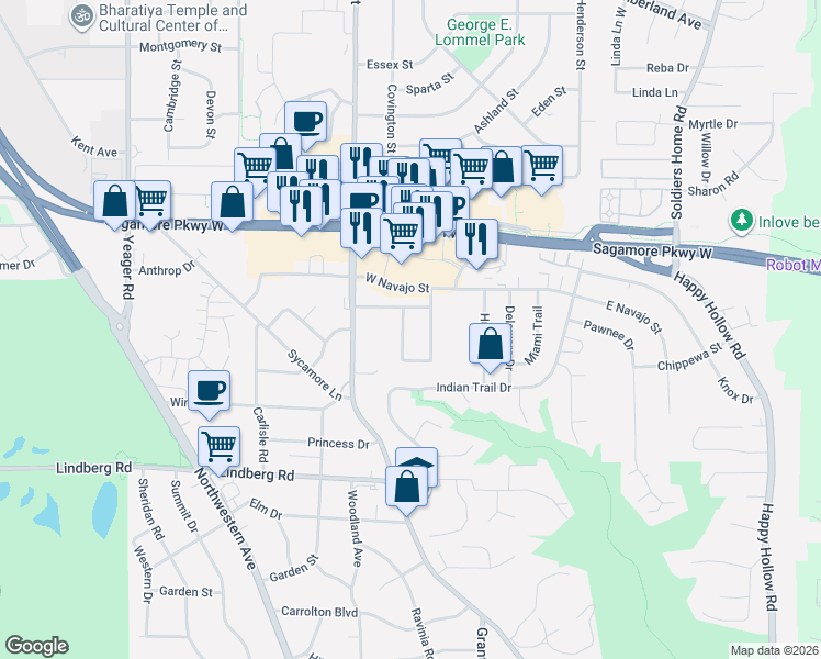 map of restaurants, bars, coffee shops, grocery stores, and more near 2233 Sacramento Drive in West Lafayette