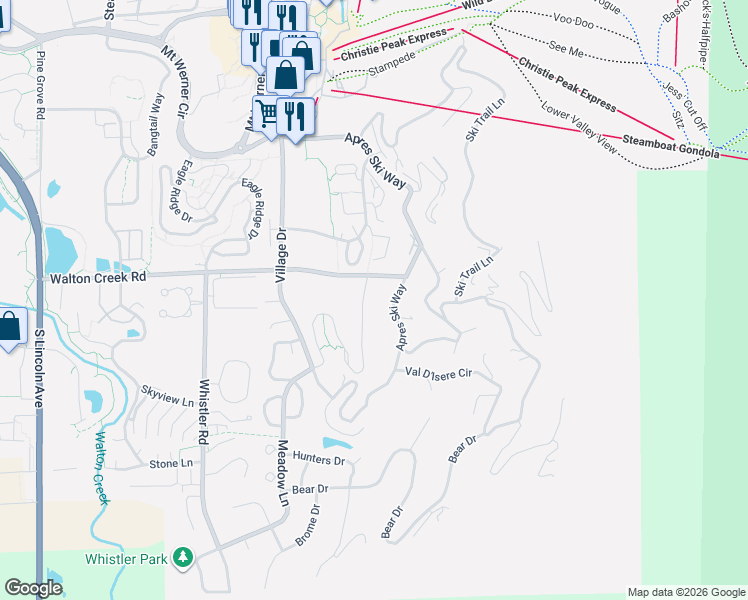 map of restaurants, bars, coffee shops, grocery stores, and more near 2940 Columbine Drive in Steamboat Springs