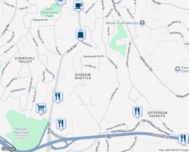 map of restaurants, bars, coffee shops, grocery stores, and more near 131 Lucille Drive in Pittsburgh
