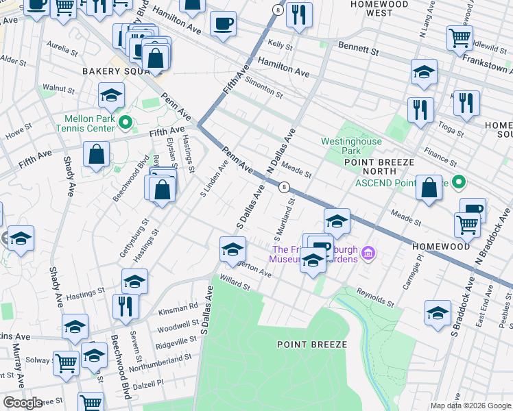 map of restaurants, bars, coffee shops, grocery stores, and more near 206 South Dallas Avenue in Pittsburgh
