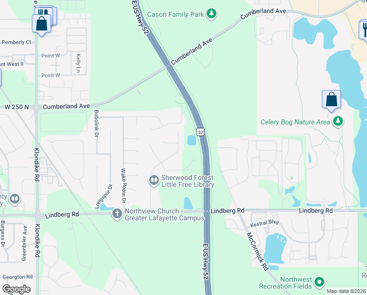 map of restaurants, bars, coffee shops, grocery stores, and more near 2221 Robinhood Ln in West Lafayette