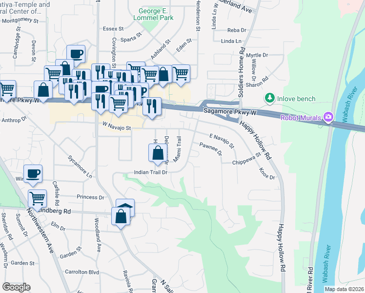 map of restaurants, bars, coffee shops, grocery stores, and more near 2225 Miami Trail in West Lafayette
