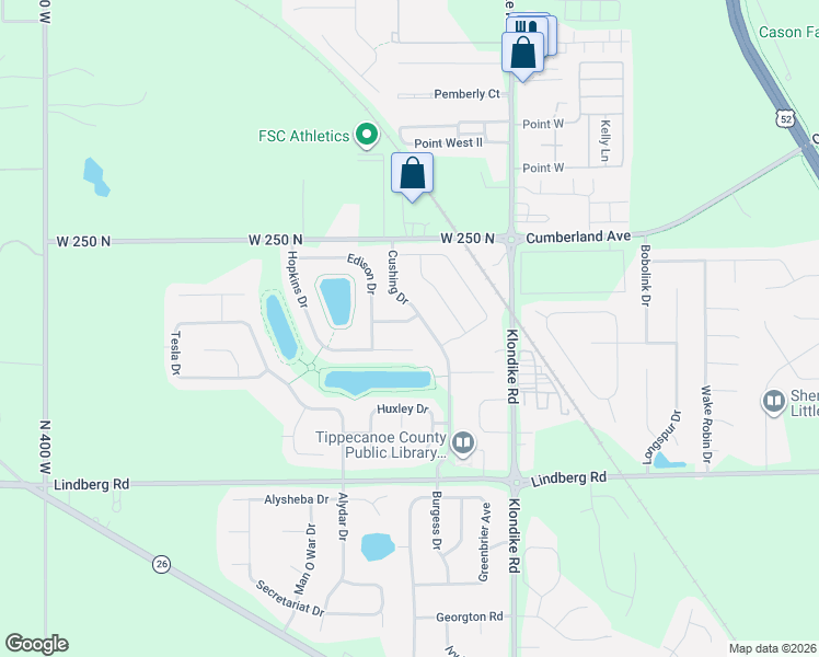 map of restaurants, bars, coffee shops, grocery stores, and more near 2339 Cushing Drive in West Lafayette